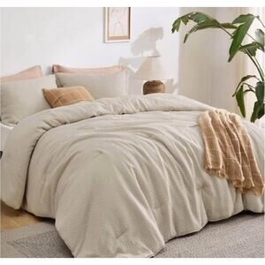 New Bedsure Waffle Comforter Set King with 2 Shams Soft, Linen Bedding In Ivory